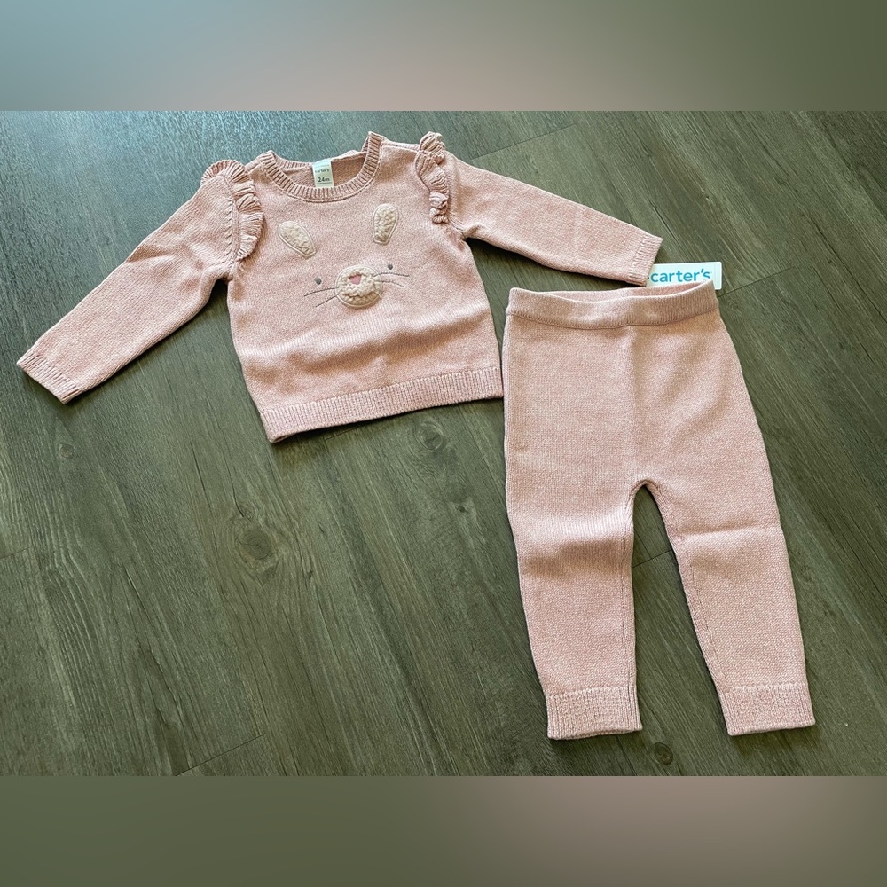 NWT Carters Baby Bunny Sweater & Pants 2 Piece Set 24 Month Girl Outfit Ruffle